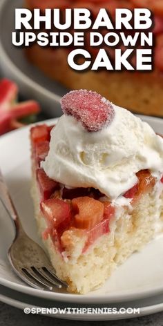 a slice of rhubarb upside down cake on a plate with a fork