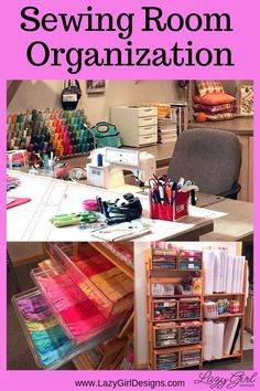 the sewing room organization is organized with lots of crafting supplies and storage bins