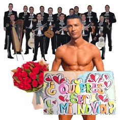 a man is holding a sign with roses in front of him and an image of the band behind him