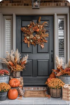 a front door decorated for fall with pumpkins, gourds and other decorations