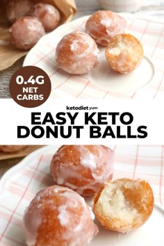 three donuts on a white plate with the words best keto donut holes