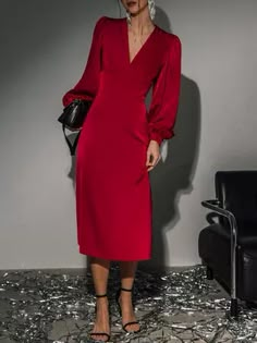 Red Dress Sleeves, Evening Midi Dress, Sukienki Plus Size, Reception Dresses, Lantern Sleeve Dress, Red Dress Women, Party Dress Long Sleeve, Guest Attire, Cocktail Attire