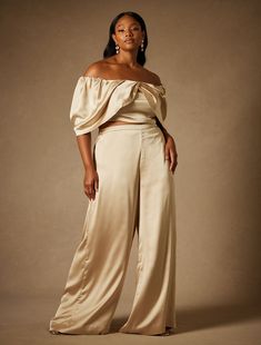 Bridal by ELOQUII Wide Leg Trouser | Women's Plus Size Pants | ELOQUII Bridal Styles, Bridal Jumpsuit, Seam Allowance, Bridal Separates, Plus Size Designers, Plus Size Pants, Plus Size Wedding, Stretch Satin, Wedding Attire