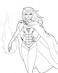 a drawing of a female superhero character in black and white