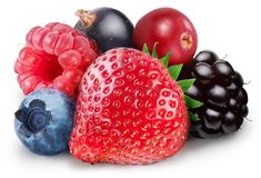 berries, raspberries, and blackberries are arranged together on a white background