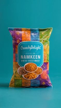 a bag of namkeen on a blue background