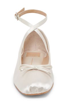 Svelte buckled straps weave up the vamp and around your ankle in this satin ballet flat fronted with a modern square toe. Textile upper/synthetic lining/rubber sole Imported Cream Ballet Flats, White Ballet Flats, Satin Ballet Flats, Bridal Flats, Wedding Flats, Wedding Ribbon, Bridal Inspo, Womens Ballet Flats, Modern Square