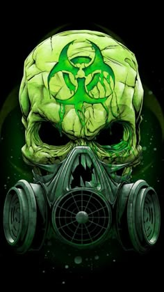 a green skull wearing a gas mask