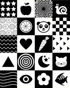 black and white squares with different designs on them