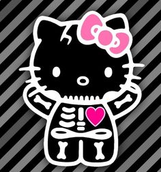 a hello kitty sticker on a black and white striped background with a pink heart