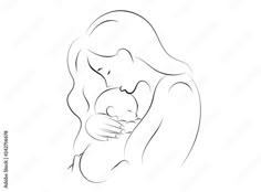 a woman holding a baby in her arms with the outline drawing on it's side