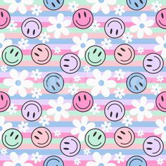 a pattern with smiley faces and flowers on pink, green, blue and white stripes