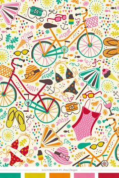 a colorful pattern with bicycles and swimsuits