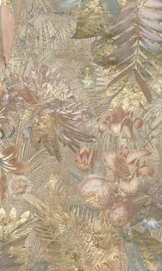 an image of a wallpaper with flowers and leaves in gold, blue, pink and green colors