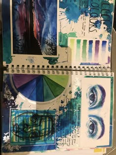 an art journal spread with various images and colors on it, including blue, green, purple, and white