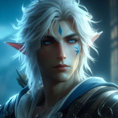 a male character with white hair and blue eyes