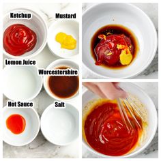 the steps to make homemade ketchup for lemon juice and more sauce are shown