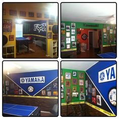 several pictures of the inside of a building with ping pong tables and other items