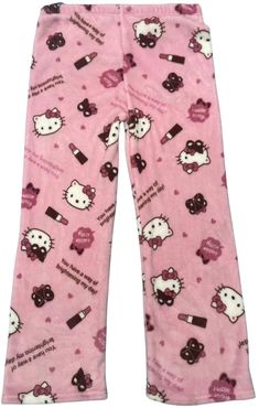 pink hello kitty pajama pants with black and white cats on them, all over