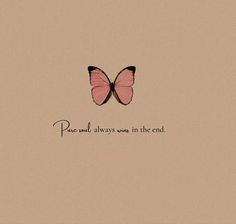 a pink butterfly with the words peace and always in the end on it's back