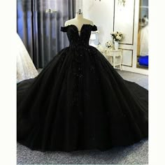 (eBay) Black Off The Shoulder Ball Gown Wedding Dresses Glitter Tulle Lace Bridal Gowns Glittery Black Quince Dress, Qencenera Dresses Black, Black Qencenera Dress, Black Cinderella Dress, Quince Black Dresses, Black Wedding Dress Black Women, Black Wedding Dress Princess, 15 Dresses Quinceanera Black, Big Wedding Dresses Black