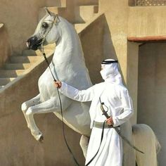 a man in white riding on the back of a white horse next to a building