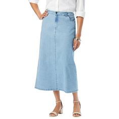 Jessica London Women's Plus Size True Fit Stretch Denim Midi Skirt Skirt.Premium stretch denim and a no-gap contoured waistband give this denim midi skirt a curve-hugging fit thats full-on flattering. The look is relaxed but also refined, making it polished enough to wear to the office and cool enough for weekend outings. Premium stretch denimSlightly lower contoured waist5-pocket styling, zip-button closure, belt loopsA-line silhouette36" length hits mid-calfCotton/poly/spandex Machine wash; im Casual Denim Skirt, Work Wear Women, Ladies Of London, Brand Style, Denim Midi Skirt, Skirt Skirt, Casual Denim, Stretch Denim, Size Clothing