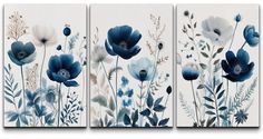 three panels with blue flowers on them