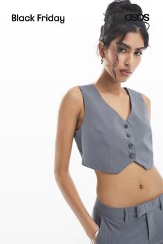 Top by Bershka Waist-up dressing Fine pin stripe V-neck Button placket Cropped cut Regular fit Tailored Waistcoat, Grey Office, Streetwear Inspo, Tailored Suit, Pin Stripe, Suit Vest, Tailored Suits, Co Ord, Button Placket