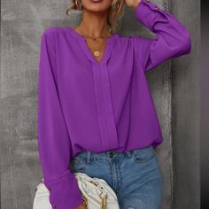 New Purple V Neck Long Sleeve Top Armpit To Armpit 19.3” Length 24.8” Armpit To Armpit 20.8" L,8, 10 Length 25.6" Army To Armpit 22" Xl, 12 Length 26.2" 100% Polyester Keywords: Winter Summer Spring Fall Luxury Christmas Ladies Woman's Wear Winter All Season Shirts & Blouses Jersey Tops Party Day Going Out Shirts White Accessories Dress Style Cocktail Sleeves Cardigan Pair With Sweater Preppy Sexy Hot Boho Trendy Vogue Posh Sassy Girly Date Night Elegant Dressy Fashionable Chic Tomboy Simple Bol Purple Shirt Outfits, Classy Office, Pink Long Sleeve Blouse, Sweater Preppy, Jersey Tops, Going Out Shirts, Black Blouse Long Sleeve, Long Sleeve Floral Top, White Accessories