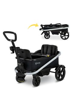 the baby stroller has two wheels and is black