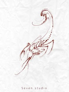 a drawing of a bird on paper with the words seven studio written below it in red ink