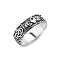 Irish wedding band 💍 is a traditional Celtic jewelry which represents love, loyalty, and friendship (the heart represents love, and the crown represents loyalty). Such sterling silver Claddah ring presented as a sign of friendship, and is also as engagement ring. ⭐ Characteristics: Metal: Solid Sterling Silver (925) Weight: 5-7 g Width: 7 - 7,2 mm. Technique: casting and blacking Production time: 5-10 days Please select the ring size you need in the variation. Also this ring can be made in bras Claddagh Ring Men, Menss Claddagh Ring, Ring Men Wedding, Irish Calladagh Ring, Vintage Claddagh Ring, Wedding Band Hammered, Mens Claddagh Ring, Sterling Silver Claddagh Ring, Celtic Band