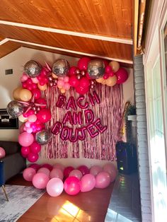 Bach and boujee pink letter balloons, pink balloon garland, disco ball balloons, groovy decorations Pink Bachelorette Party Backdrop, Pink Bachelorette Backdrop, Bach Party Backdrop, Hens Balloons, Bach Backdrops, 50 Shades Of Pink Bachelorette Party, Bach Party Decor Ideas