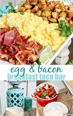 an egg and bacon breakfast bar is shown with potatoes, avocado, strawberries, and salsa