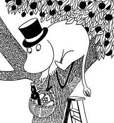 a black and white drawing of a man on a ladder picking berries from a tree