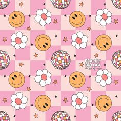 a pink wallpaper with smiley faces and stars on the bottom, in front of a checkered background