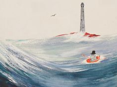 a painting of a person in a kayak near a lighthouse