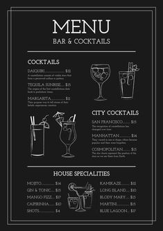 a menu for a cocktail bar with drinks in glasses and beverages on the side, black background