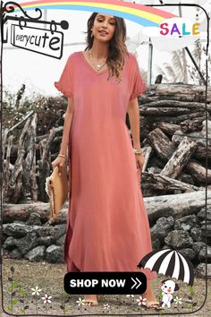 Pink Loose Fit Cotton Blend V Neck Maxi Dress with Slits Casual Summer Maxi Dress With Split Design, Casual Summer Dress With Split Design, Casual Dresses With Side Slits And Split Hem, Casual Vacation Dresses With Side Slits, Solid Color Spring Dress With Split Hem, Casual Midi Dress With Split Design For Spring, Casual Spring Midi Dress With Split Design, Spring Midi Dress With Split Design And Split Hem, Casual Split Midi Dress