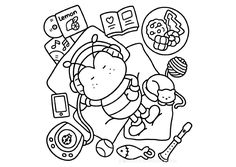 a black and white drawing of a girl with headphones on, surrounded by other items