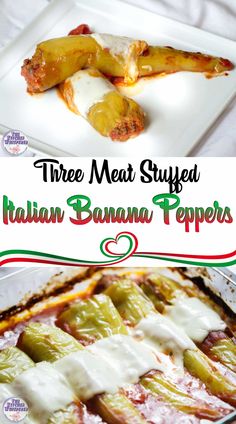 three meat stuffed italian banana peppers on a white platter with the title above it