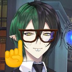 an anime character with green hair and glasses giving the peace sign in front of him