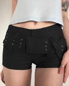 Details: Mini shorts with belt designBottom Length: ShortMaterials:100% Cotton Black Jeans Shorts, Shorts With Belt, Black Jean Shorts, Harajuku Streetwear, Belt Design, Baggy Pants, Mini Shorts, Summer Fabrics, Crop Top Blouse