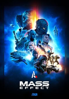 the poster for mass effect, which features all of the characters in an action movie