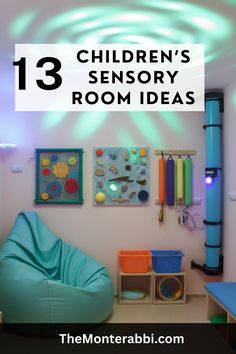 children's room with blue bean bag chair and colorful art on the wall above it