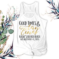 "These fun and customizable bachelorette party flowy tank top shirts complete with real shimmer metallic accents and bling will make for fun pictures and a memorable shirt. SIZES: XS, S, M, L, XL, XXL(additional $3) ORDERING: Please leave me the following in the \"notes to seller\" section when checking out: ► Sizes ► Tank Color / Vinyl Color (wording not in gold) ► Party Information Proof is included on purchase of more than one shirt!  Ordering for a group? Send us a convo for special pricing Gold Tops For Summer Beach, Good Times And Tan Lines, Fun Pictures, Gold Party, Flowy Tank Tops, Making Shirts, Gold Accent, Flowy Tank, Tan Lines