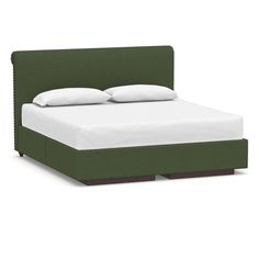 a bed with green headboard and white pillows on it's sides, in front of a white background