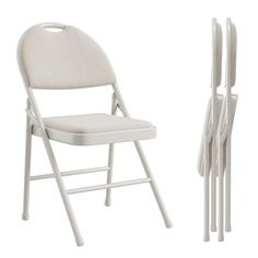 two white folding chairs next to each other on a white background with the same chair in front of them