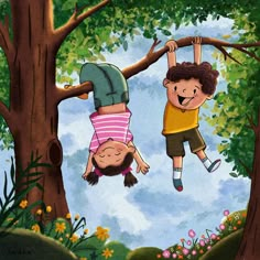 two children are hanging upside down in the tree